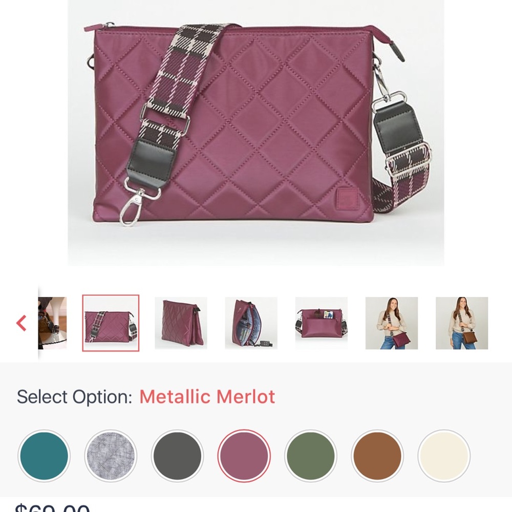 Ihkwip trip trapeze crossbody with plaid strap - metallic merlot